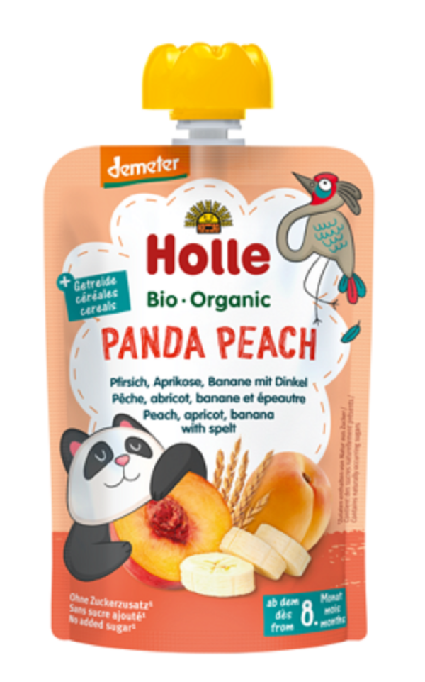 Mus brzoskwiniowa panda (brzoskwinia-banan-morela-orkisz) bez dodatku cukrów od 8 miesiąca Demeter BIO 100 g — Holle