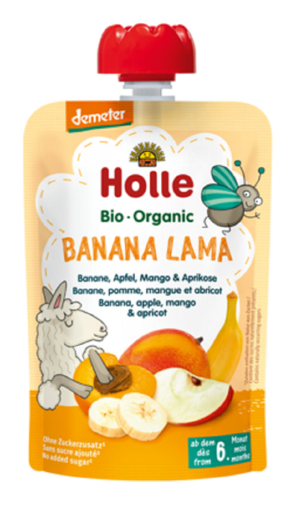 Mus bananowa lama (banan-jabłko-mango-morela) bez dodatku cukrów bezglutenowa od 6 miesiąca Demeter BIO 100 g — Holle