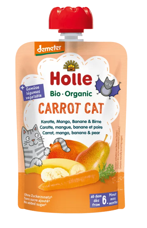 Mus marchewkowy kot (marchew-mango-banan-gruszka) bez dodatku cukrów bezglutenowy od 6 miesiąca Demeter BIO 100 g — Holle