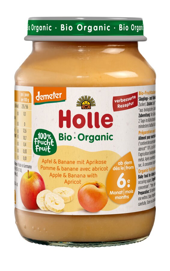 Jabłko-banan-morela bez dodatku cukrów bezglutenowe od 6 miesiąca Demeter BIO 190 g (słoik) — Holle