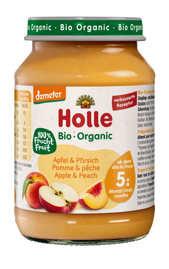 Jabłko-brzoskwinia bez dodatku cukrów bezglutenowe od 5 miesiąca Demeter BIO 190 g (słoik) — Holle