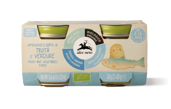 Pstrąg z warzywami bezglutenowy od 4 miesiąca BIO (2 x 80 g) 160 g — Alce Nero