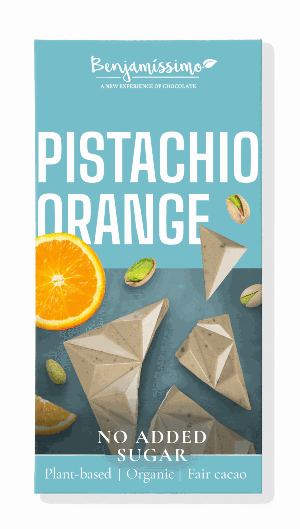 Tabliczka kakaowa pistacje-pomarańcza bez dodatku cukrów bezglutenowa BIO 60 g — Benjamissimo